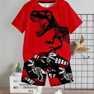Red Dinosaur Graphic T-Shirt and Shorts Set